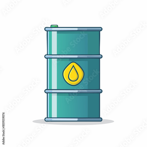 Teal Steel Oil Barrel with Yellow Drop Sticker, Container for Petroleum or Chemicals, Isolated