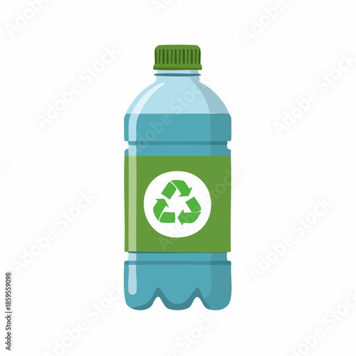 Plastic bottle with recycle sign; environmentally friendly water container with symbol and green label icon.