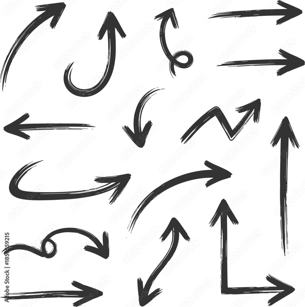 Fototapeta premium Hand Drawn Brush Arrow Direction Mega Set Ink Line Sketch Vector Illustration