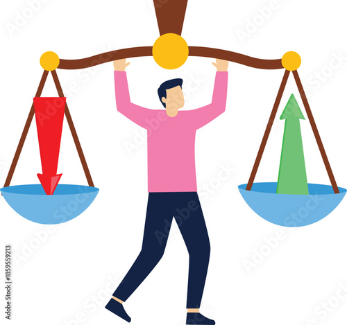 Balance between expenditure and income, balance between falling arrows and rising arrows with scales,

