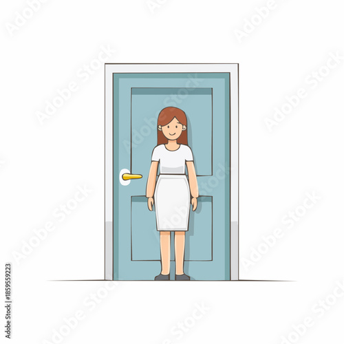 Smiling woman standing in doorway welcomes entering interior space business appointment arrival