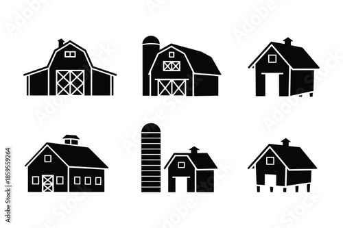 Traditional farm barn and silo agriculture building silhouettes