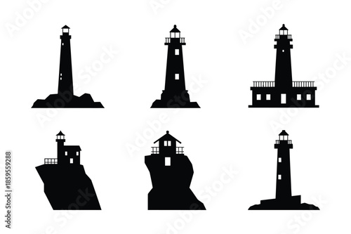 Maritime lighthouse tower silhouettes for coastal navigation