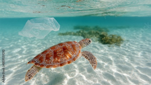 sea turtle swimming near a floating plastic bag, cautionary distance, clear tropical water