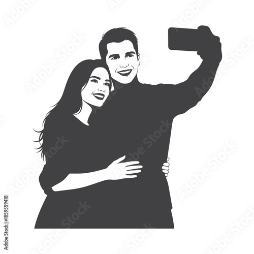 Illustration of black silhouette of a smiling couple taking a selfie together, valentine love silhouette vector