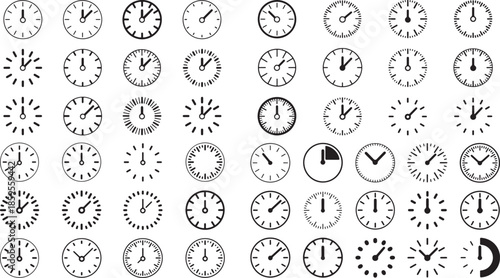 A collection of various clock faces and time icons in black and white