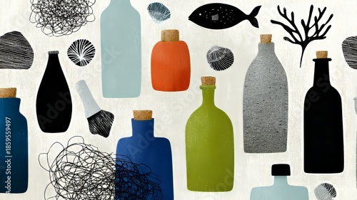 pattern, ocean icons mixed with trash