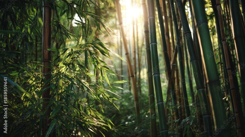 Fototapeta premium Bamboo grove with sunlight filtering through tall green stalks, creating peaceful and natural atmosphere, highlighting flexibility and beauty of forest environment
