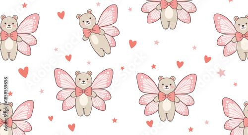 Cute fairy bear seamless pattern with pink wings and hearts, magical kawaii cartoon animal background vector illustration
