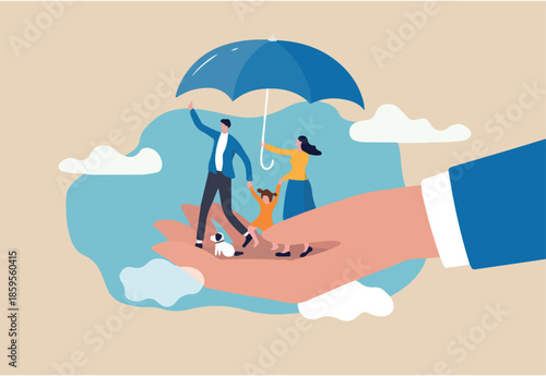 Life insurance, family protection to assure members will be financially supported and risk cover concept, lovely family with husband, wife and kids in supporting hand with umbrella cover protection.