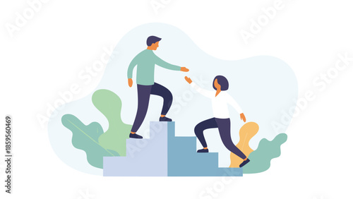 Man guiding woman climbing narrow steps, helping hand, teamwork and support concept, business partnership, growth and progress illustration