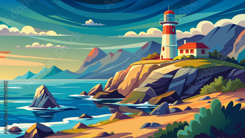 Sea landscape vector with lighthouse on rocky shore, coastal flat illustration