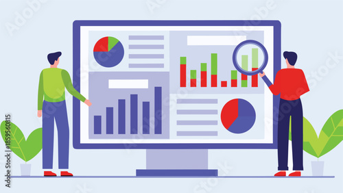 Two people standing beside a large computer monitor displaying colorful graphs and charts on a light blue background with green plants