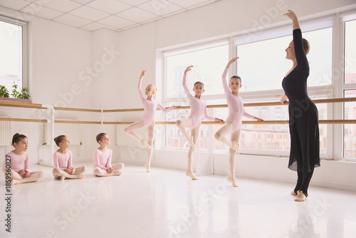 Obraz na plátne Young ballet students practicing basic positions at barre in dance studio