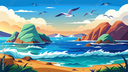 Sea landscape vector with seagulls flying above waves, peaceful flat illustration
