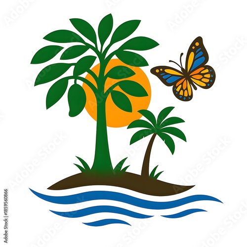 Tropical Island Illustration with Palm Trees, Sun, Waves, and Butterfly