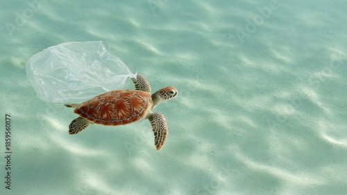 sea turtle swimming near a floating plastic bag, cautionary distance, clear tropical water