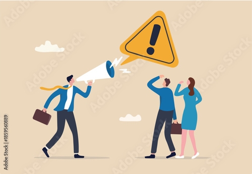 Shouting warning message, caution or alert attention, safety or danger announcement, risk or important information, beware or careful sign, businessman shouting on megaphone with exclamation sign