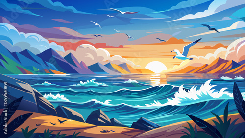 Sea landscape vector with seagulls flying above waves, peaceful flat illustration