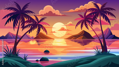 Tropical island sea vector with palm silhouettes, sunset flat design