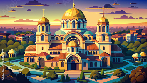 Very beautiful aerial view of Alexander Nevsky Cathedral in Sofia, Bulgaria, highlighting grand domes, symmetrical design, and the surrounding urban landscape from above.