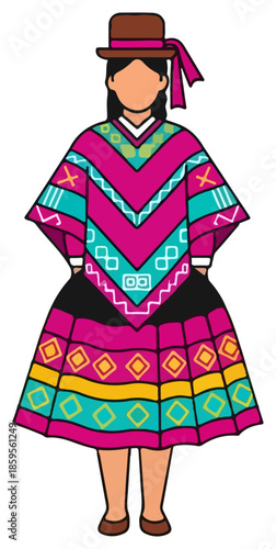 Woman wearing colorful traditional poncho outfit.