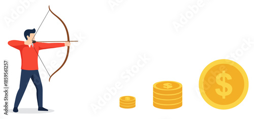 Archer aiming bow and arrow at growing stacks of gold coins, representing financial targets and investment goals