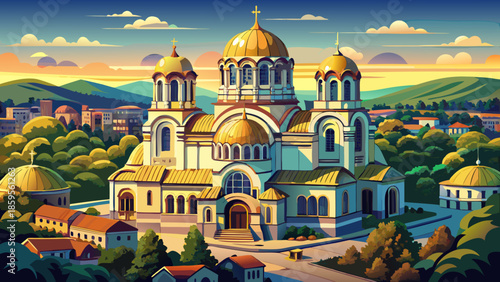 Very beautiful aerial view of Alexander Nevsky Cathedral in Sofia, Bulgaria, highlighting grand domes, symmetrical design, and the surrounding urban landscape from above.