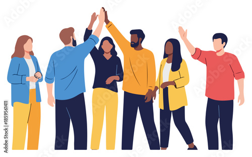 Group of diverse people celebrating with high fives.