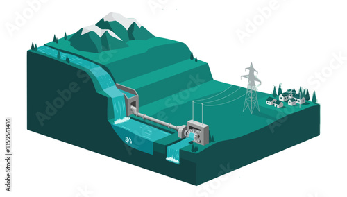 Hydroelectric Power Generation System Illustrating Water Flow Through a Turbine and Transmission of Electricity to a Village