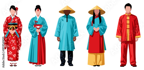 Group of people wearing traditional Asian garments.