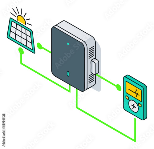 Solar Panel Energy System with Inverter and Voltage Meter Illustration, Renewable Power Technology Concept