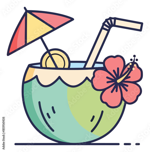 Tropical cocktail in a coconut glass with umbrella and hibiscus.