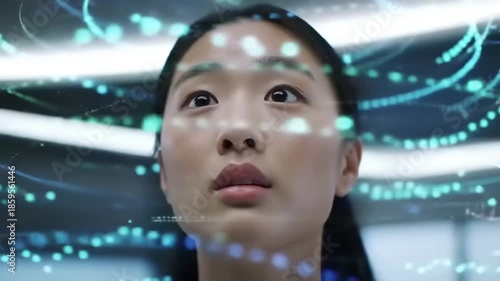 Young Asian Woman Interacting with Futuristic Digital Interface and Data Visualization.