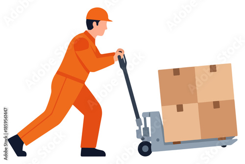 Worker in orange uniform pushing pallet jack with box.