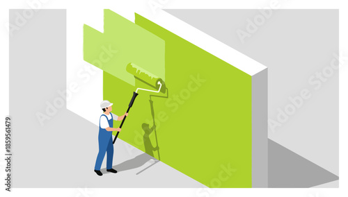 Painter with Roller Painting Green Wall for Studio Scene.