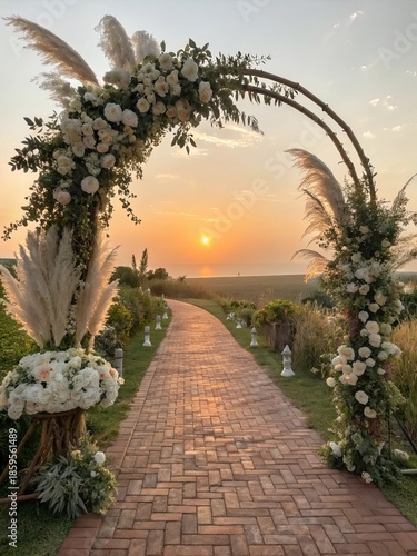 Romantic wedding aisle arch decorated with flowers and pampas grass at sunset