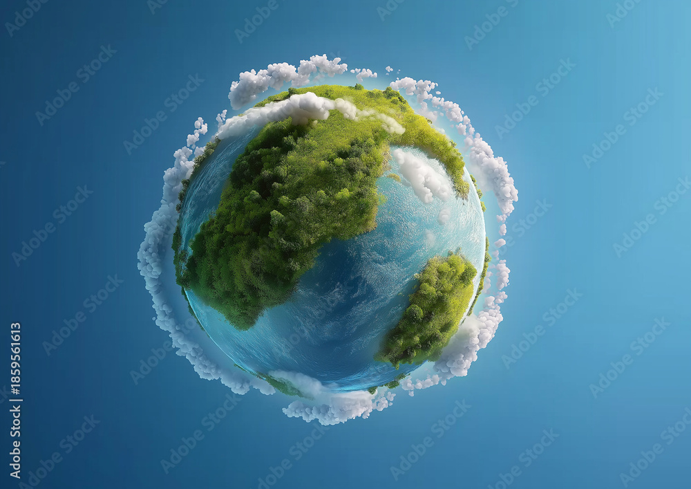 Fototapeta premium Miniature green earth with clouds against blue sky