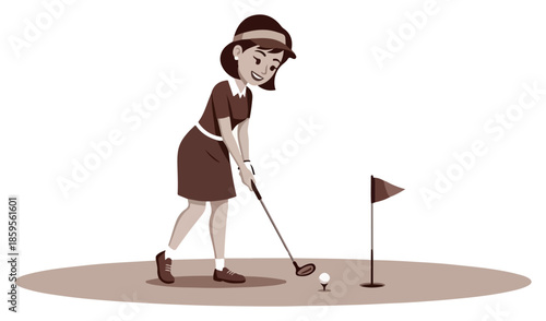 Vintage Woman Playing Golf on a Sunny Day.