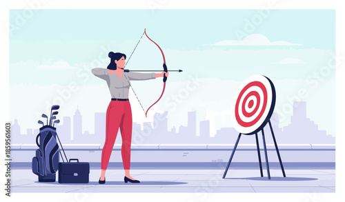 Woman Archery Practice Session Focus Concentration.