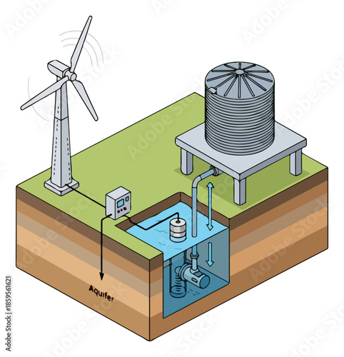 Wind-powered water pumping system illustration, drawing from aquifer, filling elevated storage tank
