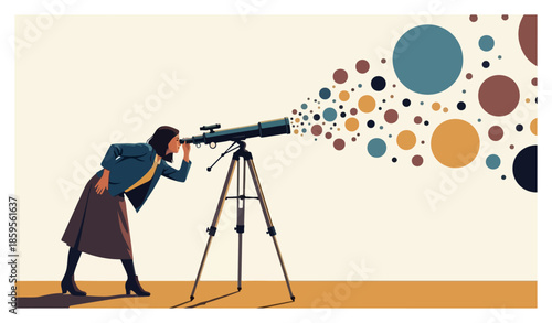 Woman Looking Through Telescope at Colored Circles.