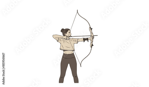 Archer woman aiming bow and arrow with focus and determination.