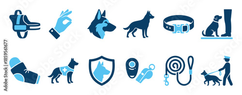 Set of blue K9 unit icons for police and service dog training, including a muzzle, leash, collar, whistle, and security shield for obedience concepts