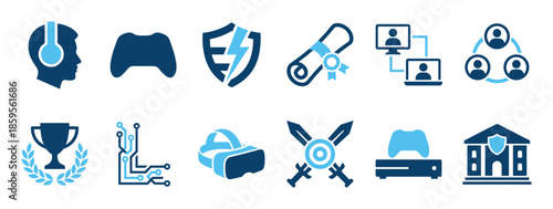 Collection of blue esports and gaming icons representing virtual reality, competition, education, and teamwork in a clean flat vector style for digital media