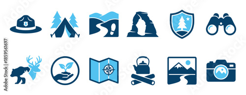 Set of blue flat vector icons representing national parks, outdoor recreation, and conservation with symbols for camping, wildlife, and hiking