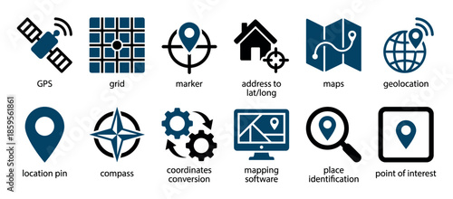 Set of twelve blue and black navigation and mapping icons showing concepts like GPS, geolocation, coordinates, and location pins in a simple flat vector glyph style