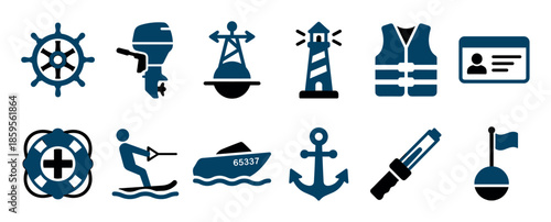 Boating and maritime safety icon set featuring a ship's wheel, lifebuoy, anchor, lighthouse, motorboat, and other nautical symbols for navigation and water sports