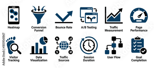 Twelve distinct digital marketing and web analytics icons are clearly displayed, illustrating key concepts like heatmaps, conversion funnels, and user flow in a modern, informative style