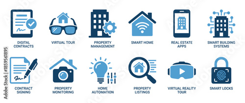 Real estate technology icon set with symbols for property management, smart home, virtual tours, and digital contracts, a collection of modern flat design business pictograms